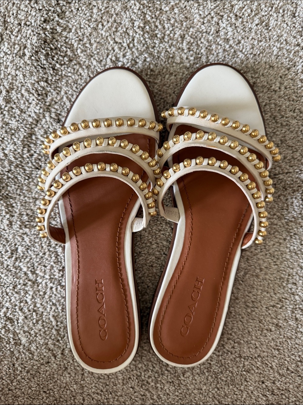 Coach White and Brown Beaded Triple-Strap Slide Mules
